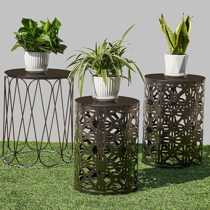 Y&M Outdoor Side Tables Set of 3, Metal Stacking Patio Side Tables for Outside, Round Indoor End Tables, Decorative Garden Stool Plant Stand for Patio Garden Balcony Porch, Black with Bronze