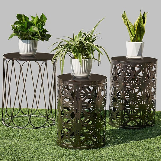 Y&M Outdoor Side Tables Set of 3, Metal Stacking Patio Side Tables for Outside, Round Indoor End Tables, Decorative Garden Stool Plant Stand for Patio Garden Balcony Porch, Black with Bronze