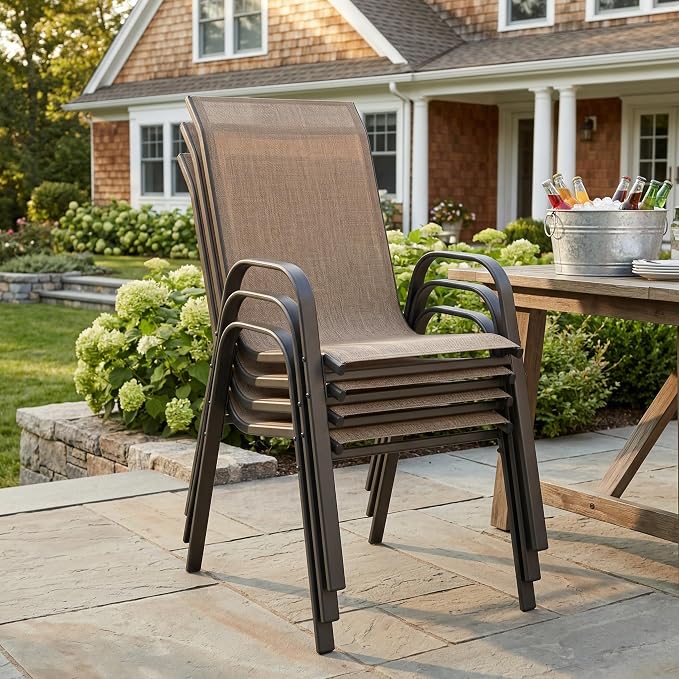 VICLLAX Round Outdoor Patio Dining Set for 10, Metal Slatted Patio Table with Umbrella Hole and 10 Stackable Patio Chairs for Deck Lawn Garden, Brown Fabric and Black Tabletop