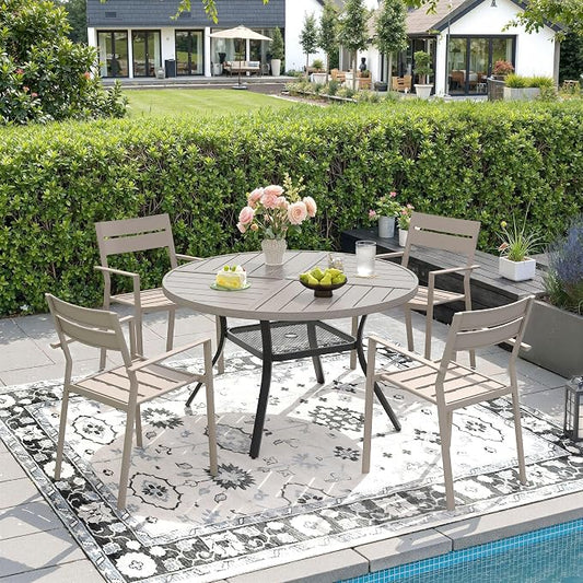 DIFY 5 Piece Outdoor Patio Dining Set for 4, 40.6" Round Dining Table with Umbrella Hole and Stackable Metal Chairs, Patio Table and Chairs Set for Backyard Garden Poolside, Grey Wood-Like & Sandshell