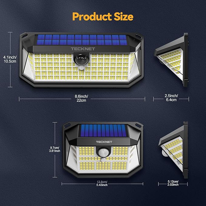 TECKNET Solar Lights Outdoor Motion Sensor Waterproof,2×231 LED + 1×416 LED | IP66 Waterproof, 300° Wide Angle & 3 Modes Motion Sensor Solar Flood Wall Lights for Patio, Fence, Deck, Garage & Street