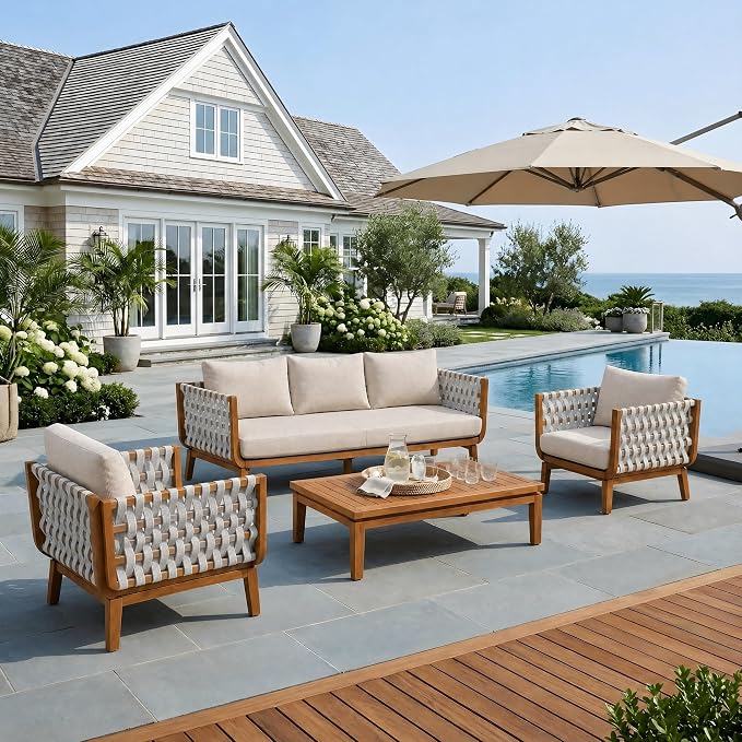 Christopher Knight Home Gwen 4 Piece Acacia Wood Patio Conversation Set with Sofa, Coffee Table and 2 Club Chairs, 3-Seater Sofa with Water-Repellent Cushion, Outdoor Patio Furniture Set, Teak+Beige