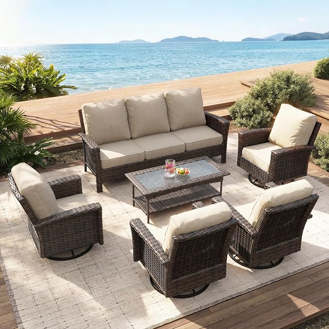 SUNSHINE VALLEY 6 Pieces Patio Furniture Set with Swivel Chairs, High Back Wicker Rattan Sofa with 5.5" Thick Cushion and Coffee Table, Outdoor Conversation Set for Garden Backyard Deck,Beige