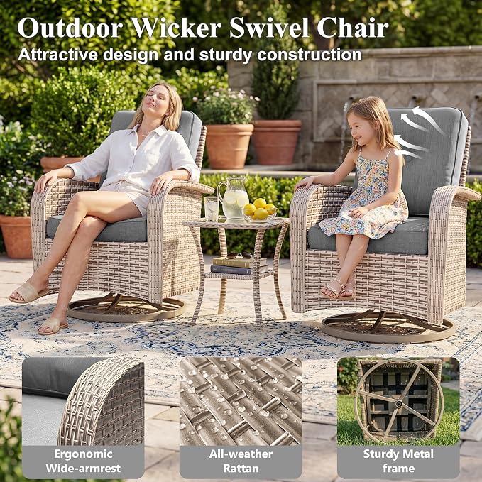 Patio Furniture Set, 18-Piece Outdoor Sectional Sofa with Swivel Rocker Chairs & Fire Pit Table, Wicker Patio Conversation Set with Coffee Table, Gray Cushions