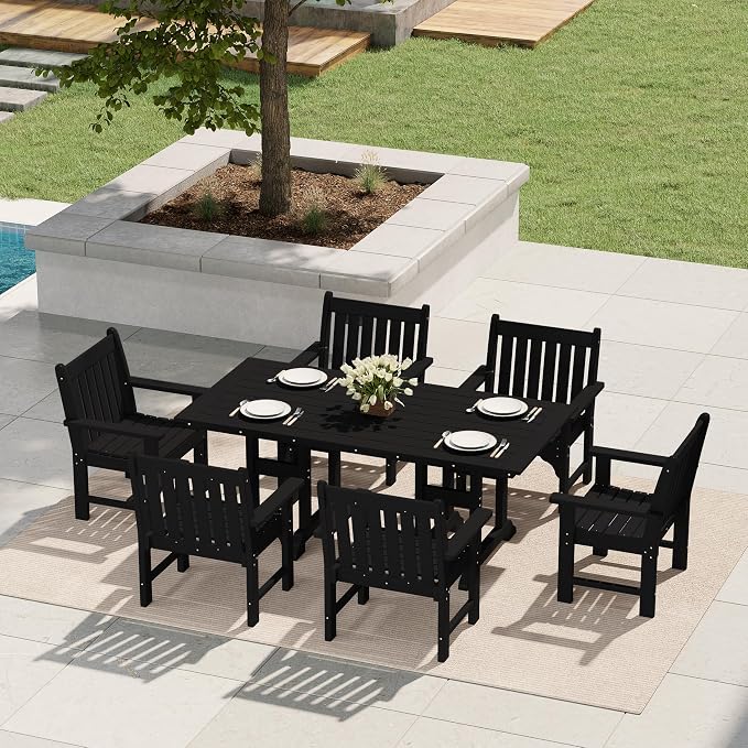 Costaelm Rectangle Outdoor Dining Tables, 71'' Patio Table with Umbrella Hole for 6 Person, Balcony Outdoor Buffet Table, Porch Tables for Outside Lawn Porch Bistro Furniture, Black