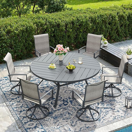 DIFY 7 Piece Outdoor Dining Set, Metal Patio Table and Chairs Set, 53.1" Round Dining Table & 6 Padded Textilene Swivel Patio Chairs, Outdoor Furniture Set for Garden Backyard Porch, Grey
