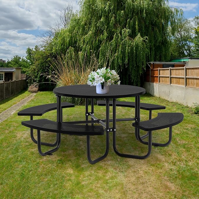 46" Round Outdoor Metal Coffee Picnic Table for Patio, Backyard, Garden and DIY (Includes 4 Built-in Benches) - Black