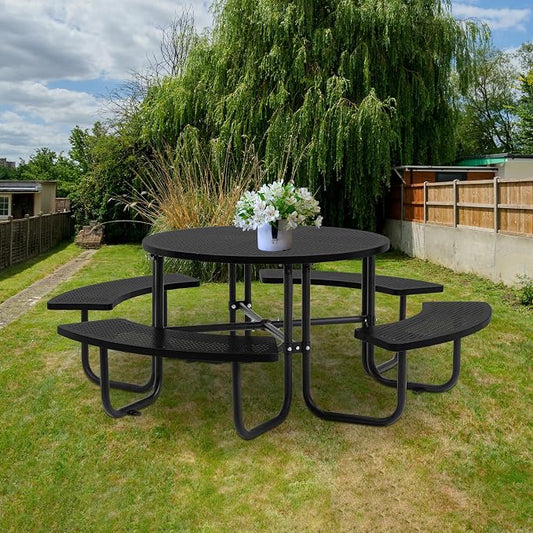 46" Round Outdoor Metal Coffee Picnic Table for Patio, Backyard, Garden and DIY (Includes 4 Built-in Benches) - Black