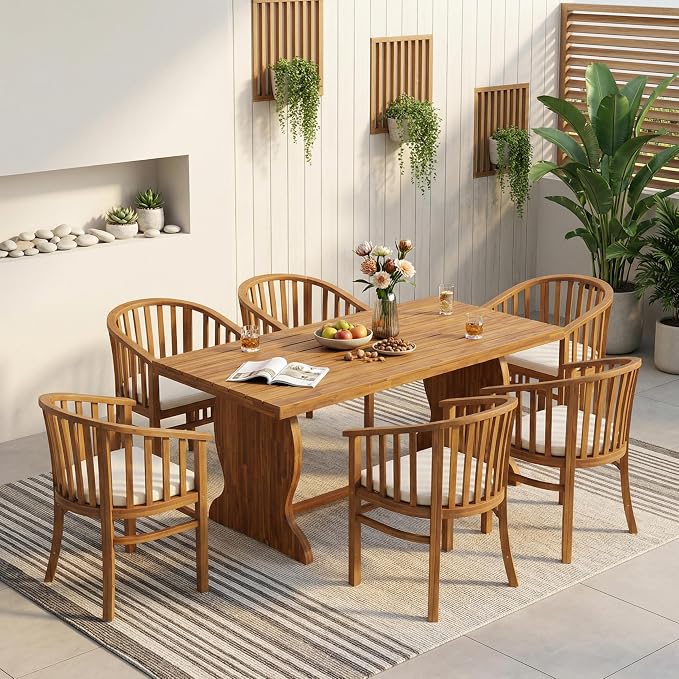 Christopher Knight Home Outdoor Acacia Wood Dining Set 6 Chairs 1 Table Cream Cushions Teak Finish Patio Backyard Garden Furniture 70 Inch Table Outdoor Dining Set