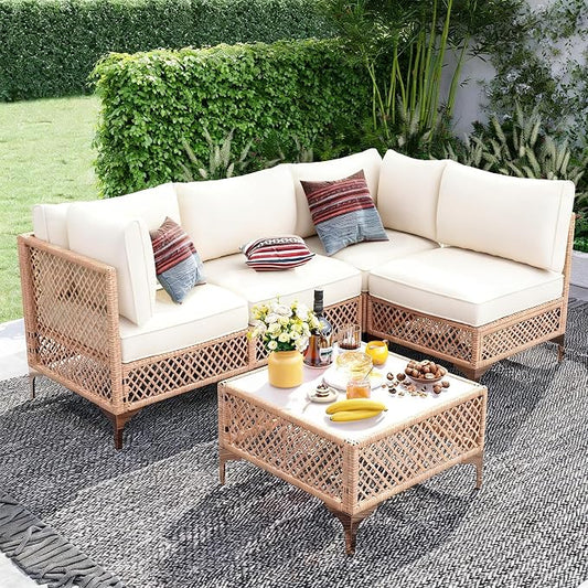 Outdoor Patio Furniture Set, Wicker Outdoor Sectional Set, Boho Patio Conversation Sectional Sofa with Large Tempered Glass Coffee Table and Waterproof Cushion (Large Size 5-Piece Patio Furniture)