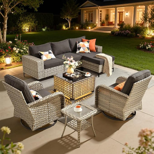 HOOOWOOO 8 Pieces Patio Furniture Set,L Shaped Outdoor Sectional Couch with Swivel Chiars Solar Table, Pe Wicker All Weather Outside Conversation Sofa Ottoman Set,Black