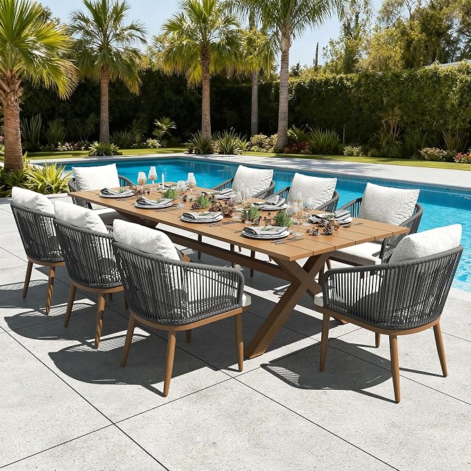 LayinSun 9 Pieces Outdoor Patio Dining Set, Aluminium Rectangular Dining Table and Wicker Rattan Chairs Set for Outside Backyard, Poolside