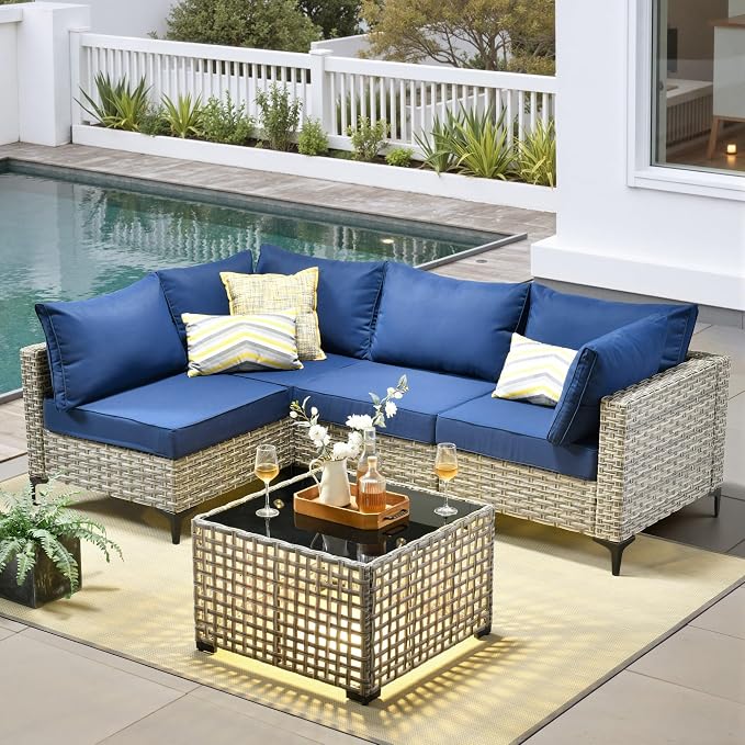 5 Pieces Patio Furniture Set with Solar Light Coffee Table, All-Weather Wicker Outdoor Sectional Conversation Sets L Shaped Sofas for Outside Porch Balcony Backyard Navy Blue