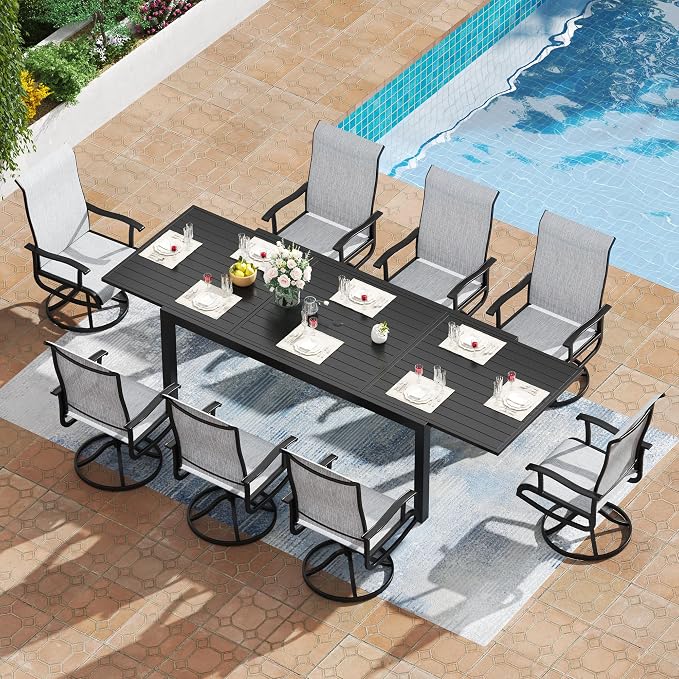 PIZZELLO 9 Pieces Patio Dining Set, 106" Extendable Aluminum Patio Dining Table w/Pcs Textilene Swivel Patio Chairs, All-Weather Outdoor Table and Chairs Sets for Backyard, Garden and Deck