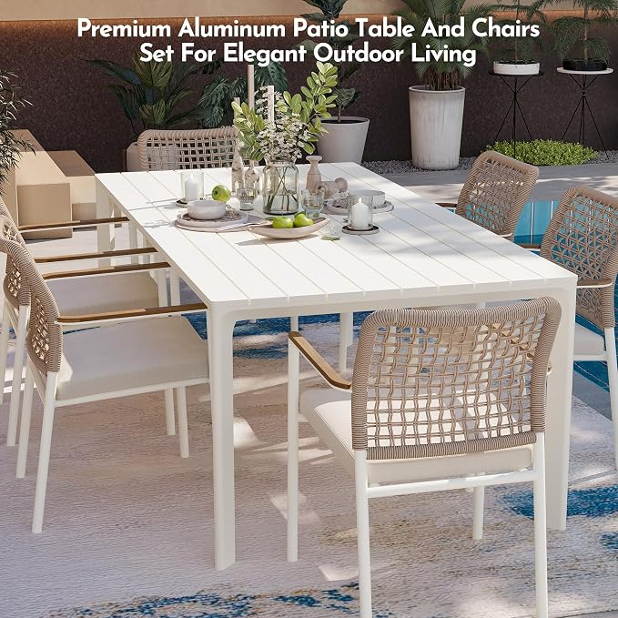 Modern Shade 7 Piece Luxury Outdoor Dining Set, Large Outdoor Table and Chairs with Fade Resistant Cushions & Teak Accents, Premium Aluminum Patio Table and Chairs Set for Outdoor Entertaining, Beige