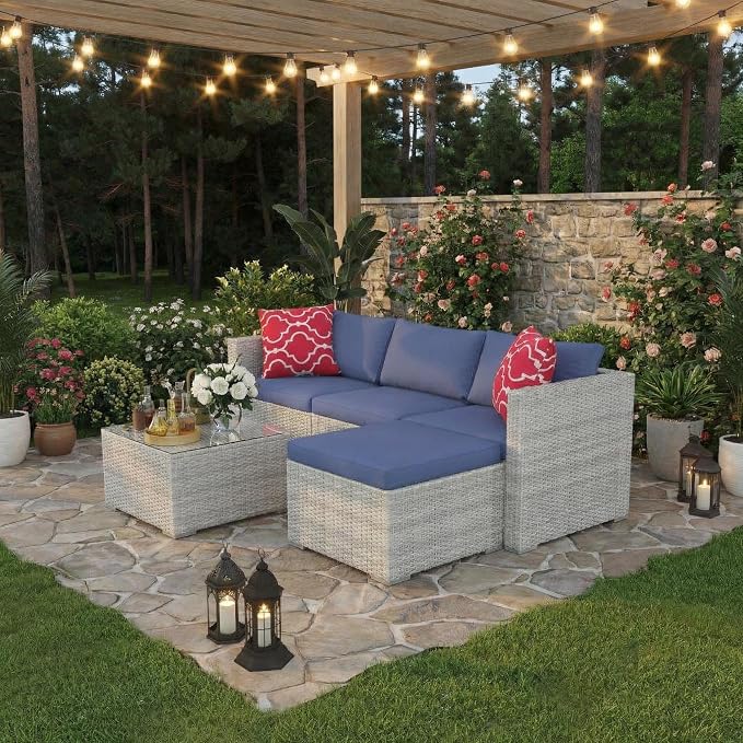 5-Piece L-Shaped Outdoor Patio Furniture Set,PE Wicker Sectional Sofa Set with Cushions and Tempered Glass Table,Steel Frame Conversation Set for Backyard,Poolside Gray Gradient Wicker / Blue Cushions