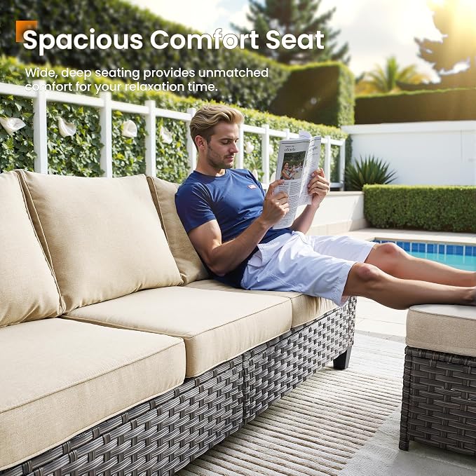 CAODOC Wicker Patio Furniture Set,8 Pieces Modern Outdoor Conversation Set Sectional Sofa with Cushion and Ottomans for Garden, Poolside, Backyard