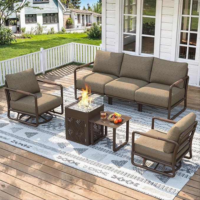 Outdoor 5-Seat Conversation Set with 2 Swivel Rocking Chairs, 45000 BTU Fire Pit Table & Glass Wind Guard - Brown