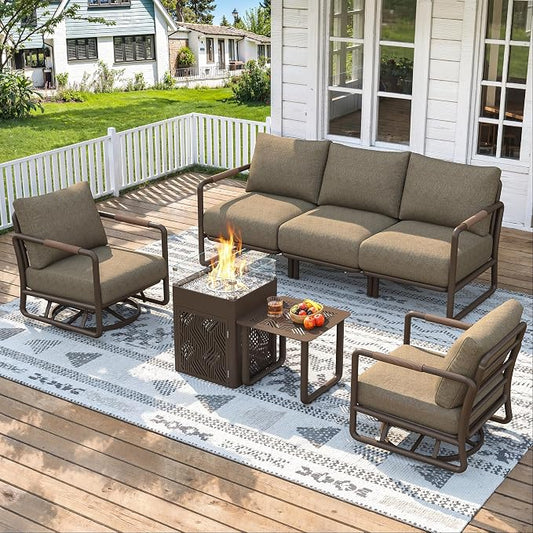 Outdoor 5-Seat Conversation Set with 2 Swivel Rocking Chairs, 45000 BTU Fire Pit Table & Glass Wind Guard - Brown