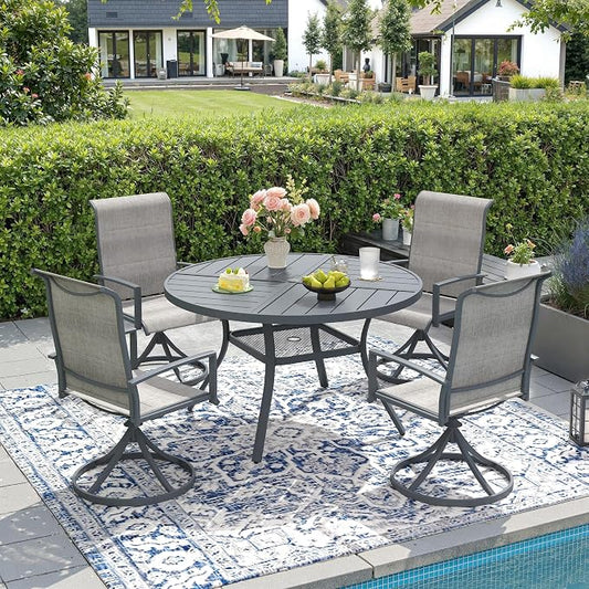 DIFY 5 Piece Outdoor Dining Set, Metal Patio Table and Chairs Set, 40.6" Round Dining Table & 4 Padded Textilene Swivel Patio Chairs, Outdoor Furniture Set for Garden Backyard Porch, Grey