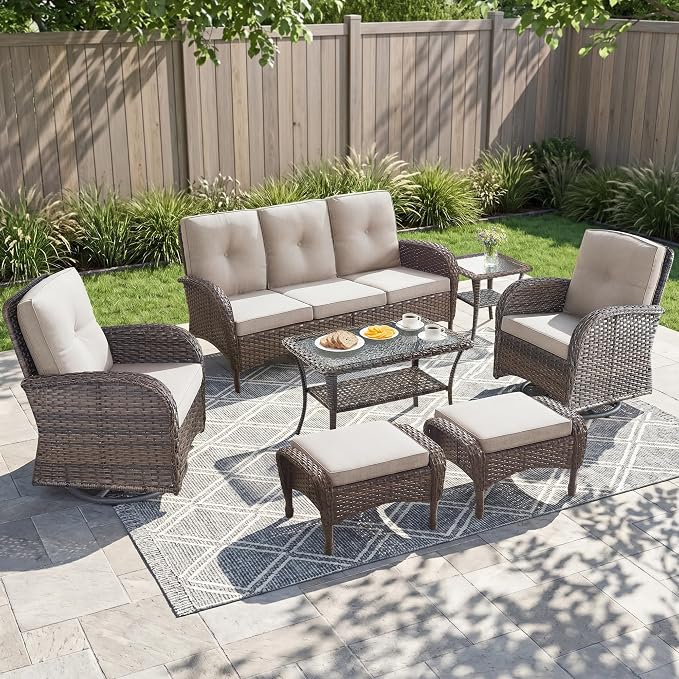 7 Piece Patio Furniture Set - Wicker Patio Conversation Set with Swivel Glider, 3 Seat Sofa, 2 Ottomans, Glass Side Table and Coffee Table for Deck Backyard - Brown Wicker Beige Cushion