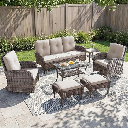 7 Piece Patio Furniture Set - Wicker Patio Conversation Set with Swivel Glider, 3 Seat Sofa, 2 Ottomans, Glass Side Table and Coffee Table for Deck Backyard - Brown Wicker Beige Cushion
