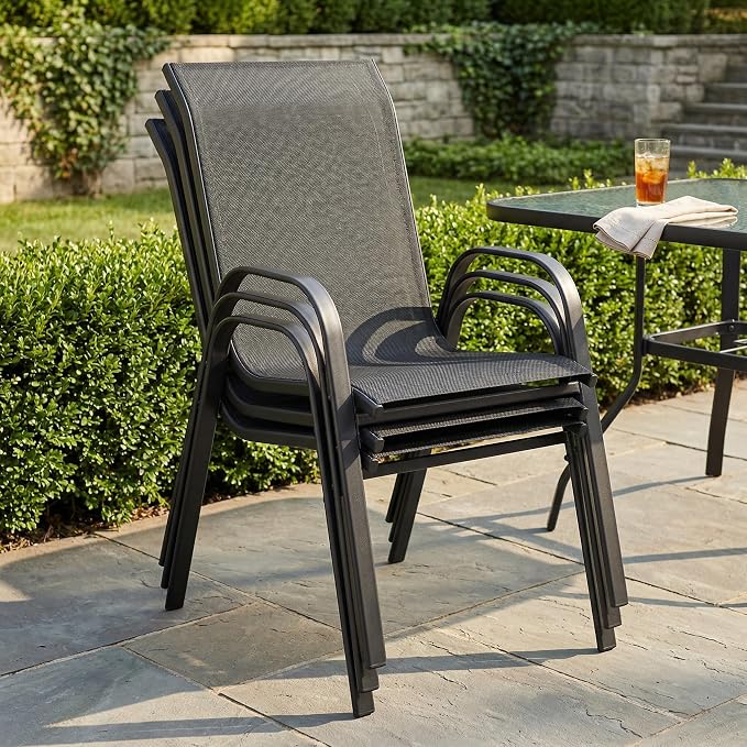 VICLLAX Round Outdoor Patio Dining Set for 8, Metal Slatted Patio Table with Umbrella Hole and 8 Stackable Patio Chairs for Deck Lawn Garden, Black Fabric and Walnut Tabletop