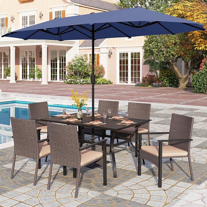 PHI VILLA 7pc Patio Dining Set with Blue Umbrella, 6 Rattan Chairs | 60" Metal dining table, 6 cushioned rattan wicker chairs, 13ft blue umbrella. Perfect for patio, deck, yard, or porch.