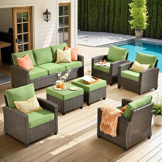 ovios 7 Pieces Patio Furniture Set, Outdoor Wicker Sofa Couch with 4 Chairs Comfy Cushions, All Weather Brown Rattan Conversation Set for Backyard Deck Porch, Green