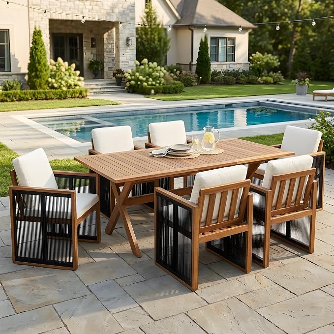 Christopher Knight Home Rolyn 7 Piece Acacia Wood Outdoor Dining Table Set for 6, Extendable Dining Table And 6 Chairs With Cushion & Rope Design, Wooden Outdoor Patio Furniture Set, Cream+Teak+ Black