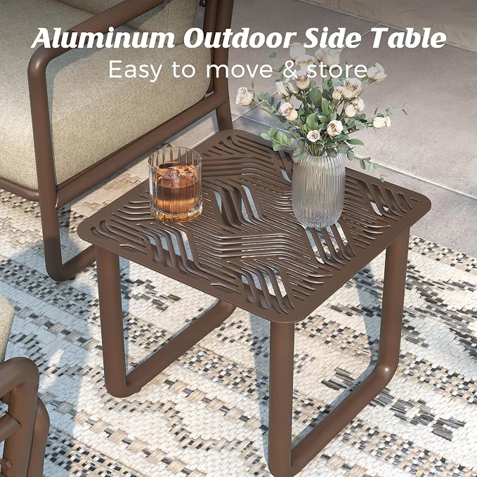 Outdoor Aluminum Patio Furniture Set with 43" Fire Pit Table,7-Seat Outdoor Conversation Set with Swivel Chairs & Loveseat & Ottomans, All-Weather Patio Set for Backyard，Brown