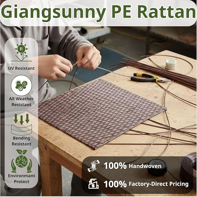 GIANGSUNNY 4 Piece Patio Furniture Set, Outdoor Hand-Woven Wicker Rattan Conversation Set with Double-Sided Tempered Glass Table, Weather-Resistant Seating for Patio, Balcony, Porch, Garden (Brown)