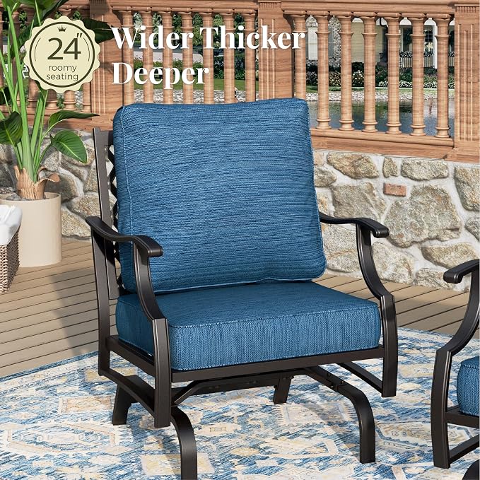 MIXPATIO Patio Furniture Set, 6 Pcs Metal Outdoor Conversation Set, 2 Rocker Chairs, 2 Ottomans and 3 Seater Sofa with 5.75" Extra Thick Cushion and Gas Fire Pit Table, Gemstone Blue