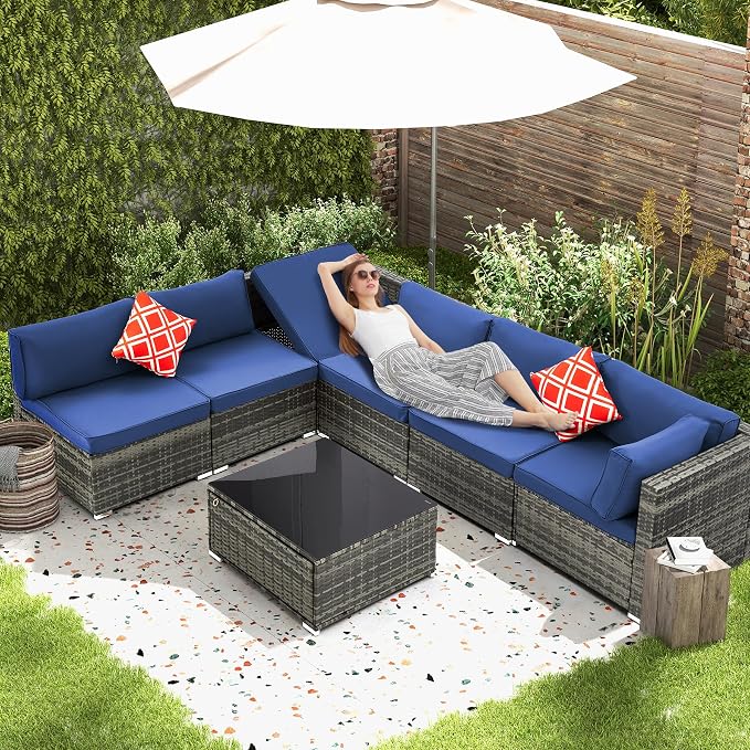 HOMREST 7 Piece Outdoor Patio Furniture, Hand Woven PE Rattan Patio Conversation Sets, Outdoor Sectional Set with Storage Table, Cushions and Pillows, Lift Sofa for Garden, Balcony, Lawn (Navy Blue)