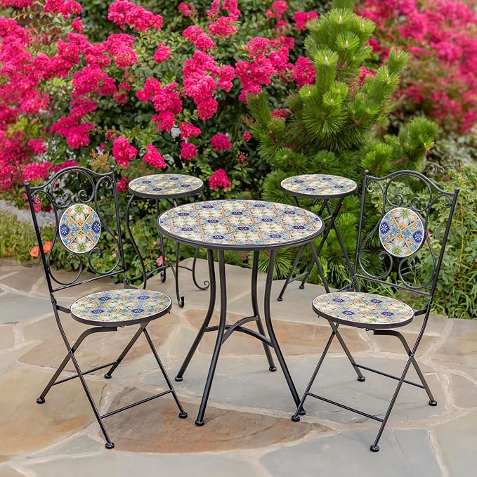 Zaer Ltd. Mosaic Tile Furniture with Black Metal Frame and Patterned Tile Tops (Bar Harbor - Black/Blue/Green, Bistro Set (2 Chairs, 1 Table))