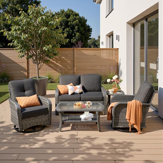 5-Piece Patio Furniture Set, Outdoor Wicker Furniture with Coffee Table, High Back Swivel Rocker Patio Chairs, Modern Rattan Outdoor Chairs Conversation Set for Porch, Balcony, Garden, Black