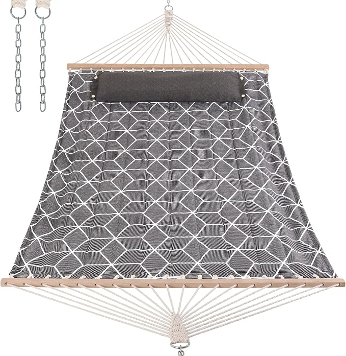 ANOW Outdoor Hammock with Spreader Bars and Detachable Pillow, 2 Person Hammock, 450 LBS Weight Capacity, Gray Cube