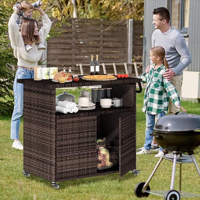 U-MAX Outdoor Grill Table with Storage Kitchen Island Prep Table Rattan Storage Cabinets Outdoor Grill Cart for Patio, Outside, Backyard, Bar, BBQ Serving Cart Cooking Grilling Station