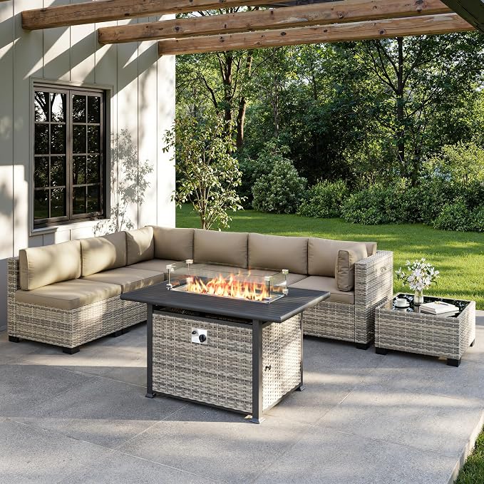 8-Piece Outdoor Patio Furniture Set with 55,000 BTU Fire Pit Table, PE Wicker Rattan Sectional Sofa Conversation Set - All-Weather Garden, Backyard Furniture, Beige
