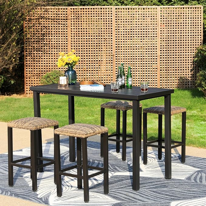 PHI VILLA Outdoor Tall Bar Table, 55”x27” Counter Height Dining Table with Wood-Like Metal Frame & Adjustable Feet, Black High Top Pub Cafe Table for Patio, Yard
