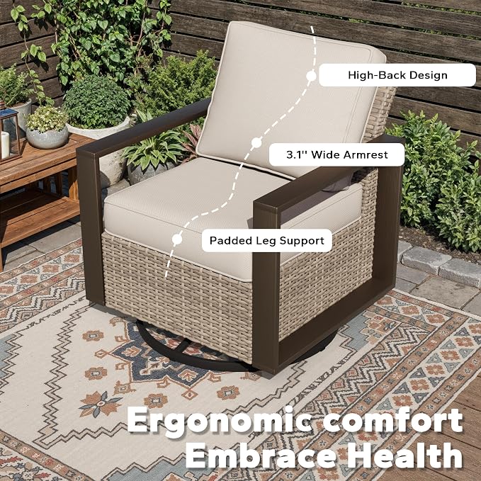 Joyside Outdoor Patio Swivel Rocker Chairs Set, 2 Pieces Wicker Rattan Chairs with Metal Wide Armrest, Thick Cushions and Deep Seating for Garden, Backyard, Porch, Deck