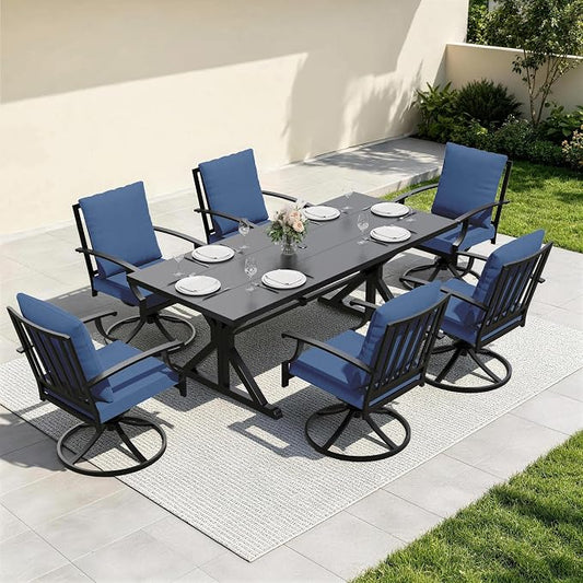 7 Pieces Outdoor Patio Dining Set,Patio Table and Chairs Metal Outdoor Patio Furniture Set with Umbrella Hole,Dining Table Set with 6 Swivel Chairs for Deck,Backyard and Garden,Navy Blue