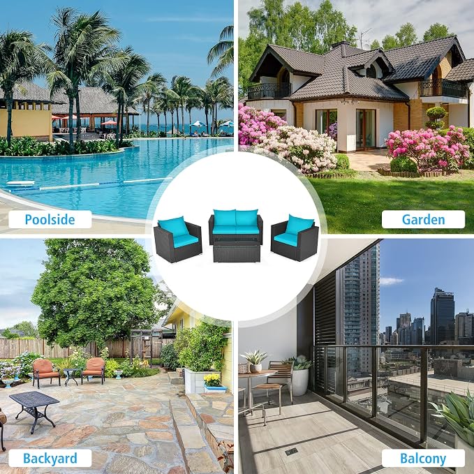 COSTWAY 4-Piece Patio Rattan Furniture Set, Cushioned Sofa Chair, Loveseat and Coffee Table with Tempered Glass Top, Outdoor Conversation Sets for Garden Poolside Balcony Porch (Turquoise)
