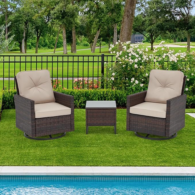 AVAWING 3 Pieces Patio Furniture Set, Wicker Swivel Rocking Chairs with Tempered Glass Side Table, Patio Conversation Set w/Waterproof Cushions for Garden, Balcony and Porch, Beige