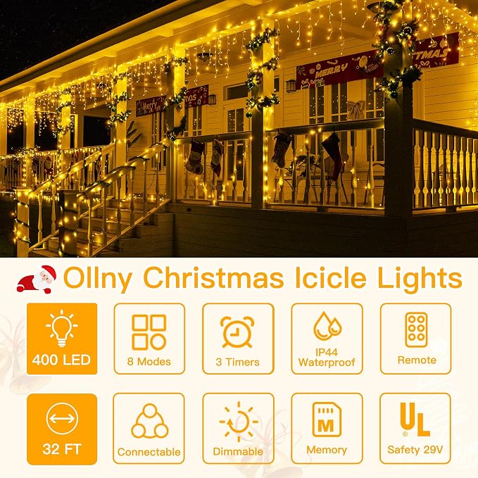 Ollny Icicle Lights for Outside 400LED 32FT, Warm White Christmas Light with Remote 8Modes Timers Waterproof, Plug in Connectable Hanging Lights for Outdoor Indoor House Roof Holiday