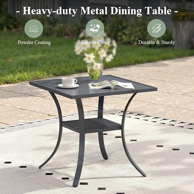 Outdoor Dining Set for 2, 28" Metal Square Outdoor Dining Table and Padded Textilene Patio Swivel Chairs, 3 Pieces Patio Table and Chairs Set for Garden Backyard, Grey and Dark Grey