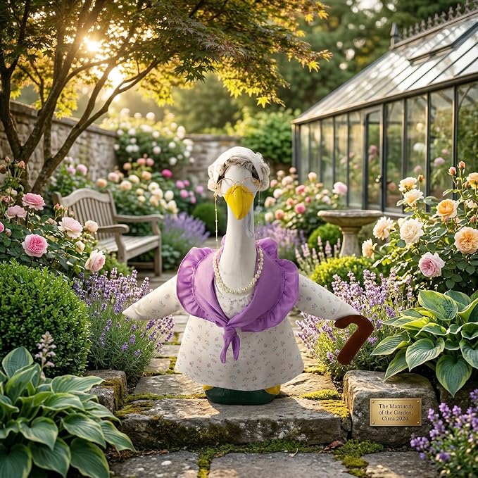 Old Lady Porch Goose Outfits with Floral Dress for 23" Cement Goose Statues | 23 inch Funny Concrete Goose Outfit Grandma Costume with Wig Glasses Cane for Lawn Yard Garden Patio Decor(Hyacinth Floral)