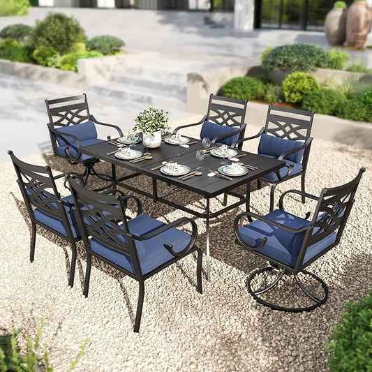 PHI VILLA Patio Dining Set, Swivel Chairs, Metal Table | Metal chairs, Blue Cushion, Umbrella Hole, Cushions, E-coated