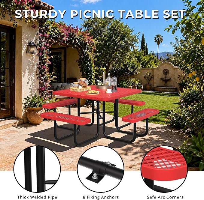 All-Weather Square Outdoor Picnic Table, Commercial Picnic Table Bench Set with Umbrella Hole, Thermoplastic Coated Metal Dining Tables for School, Stores, Park, Patio, Yard, Red
