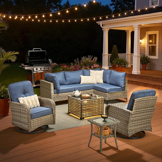 Outdoor Patio Furniture Sets, 8 PCS Patio Conversation Set Outside Rattan Sectional Sofa with Wicker Rocking Chairs Coffee Table Soft Cushion Fit Backyard Porch Garden Poolside Balcony
